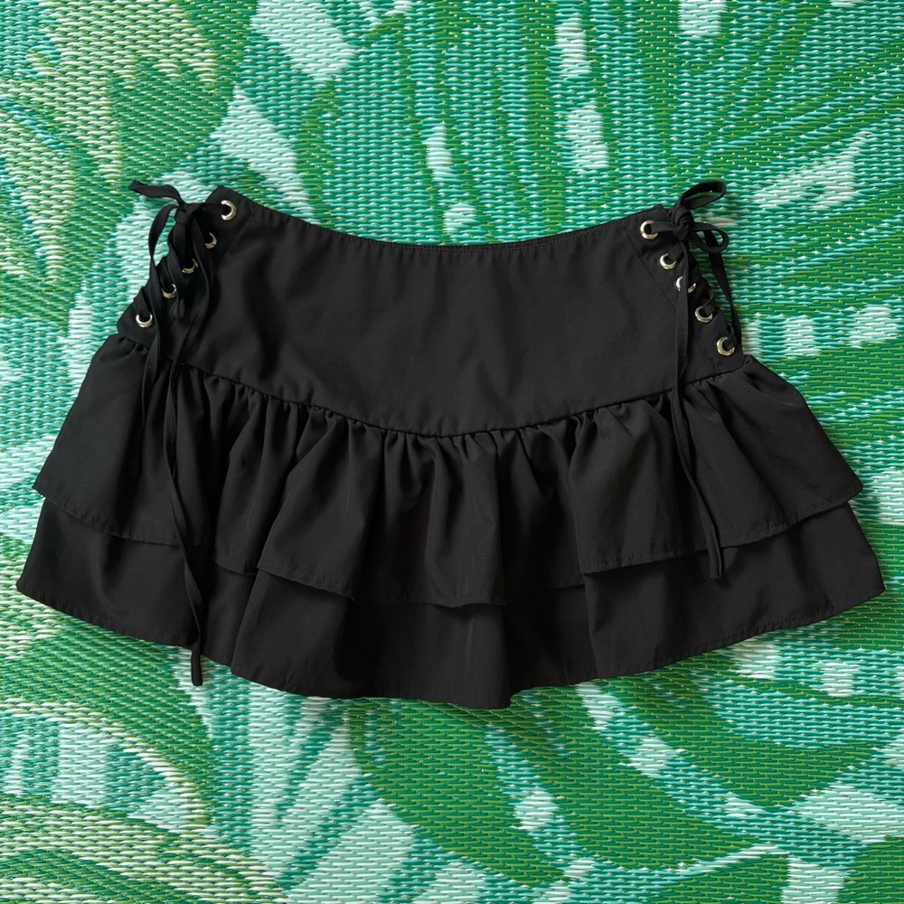 Black Ruffled Mini Skirt with Lace-Up Sides SZ M